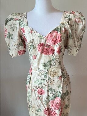 Vintage Midnight Glo 80s Floral Dress Puff Sleeve Roses Size 8